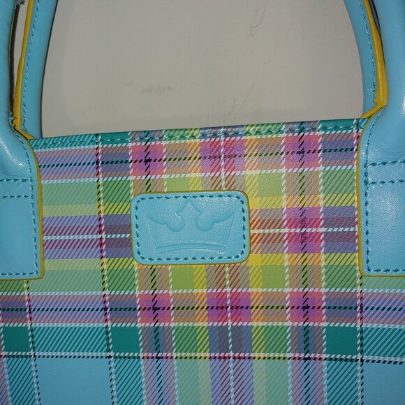 Baekgaard Real Leather Plaid Tote Purse Light Blue Hard Handles OS - Picture 3 of 9